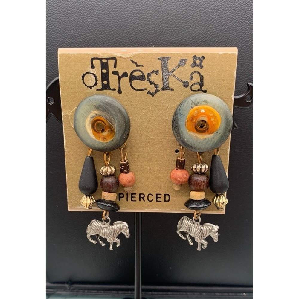 NWT Treska Dangle Beaded And Zebra Dangle Pierced Earrings Safari Boho